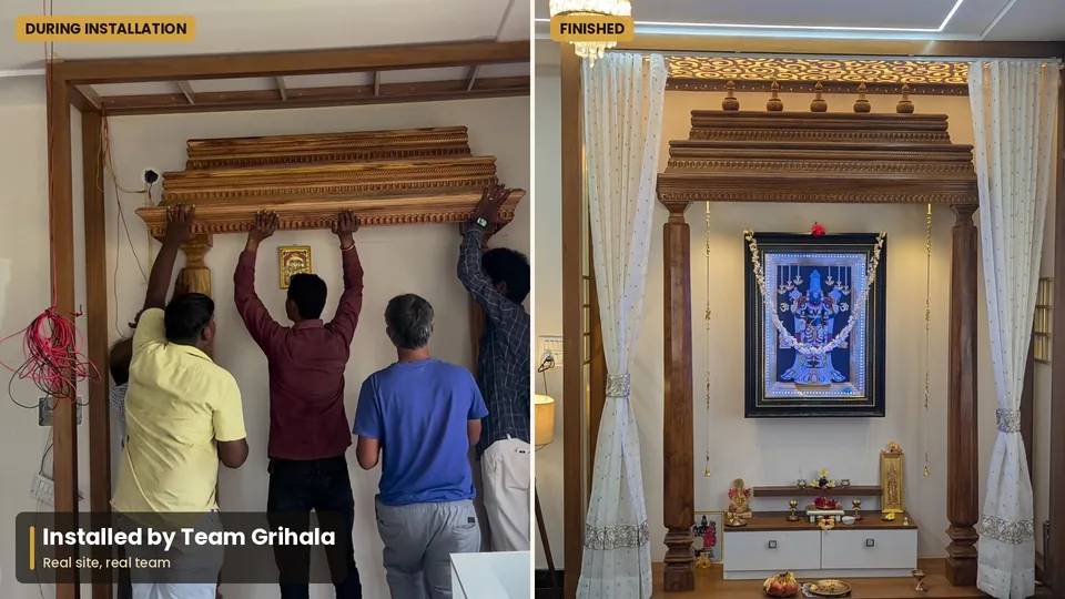 Real Grihala project comparison: the team installing a puja unit on the left, and the finished puja unit on the right.